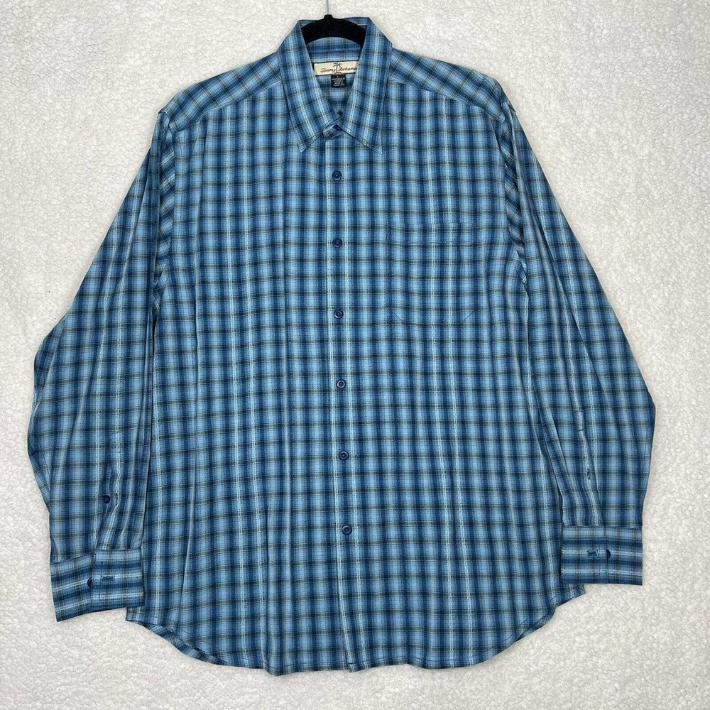 Tommy Bahama Mens Size L Blue Plaid Button Up Long Sleeve Shirt 100% Tencel
